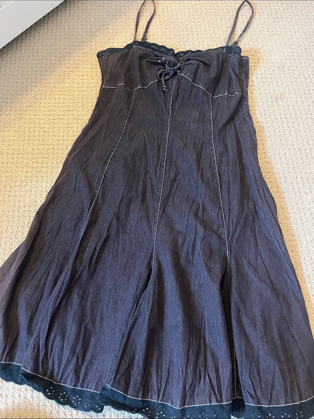 Vintage Nathalie B Denim Spaghetti-Strap Midi Dress with Eyelet Trim 8